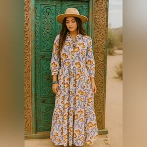 Anthropologie PAREKH BUGBEE S/M Lulu Summer Maxi Dress in white floral batik